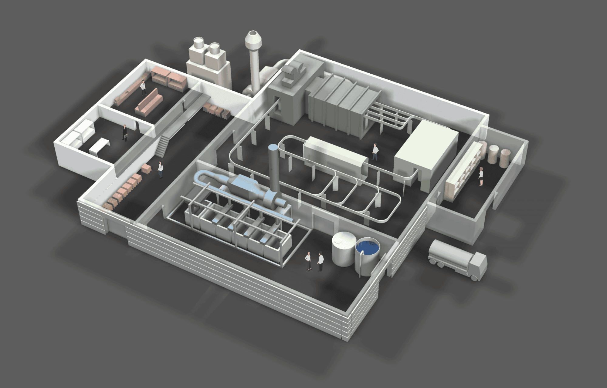 3D-Schaubild einer Fabrik der Oberflächentechnik