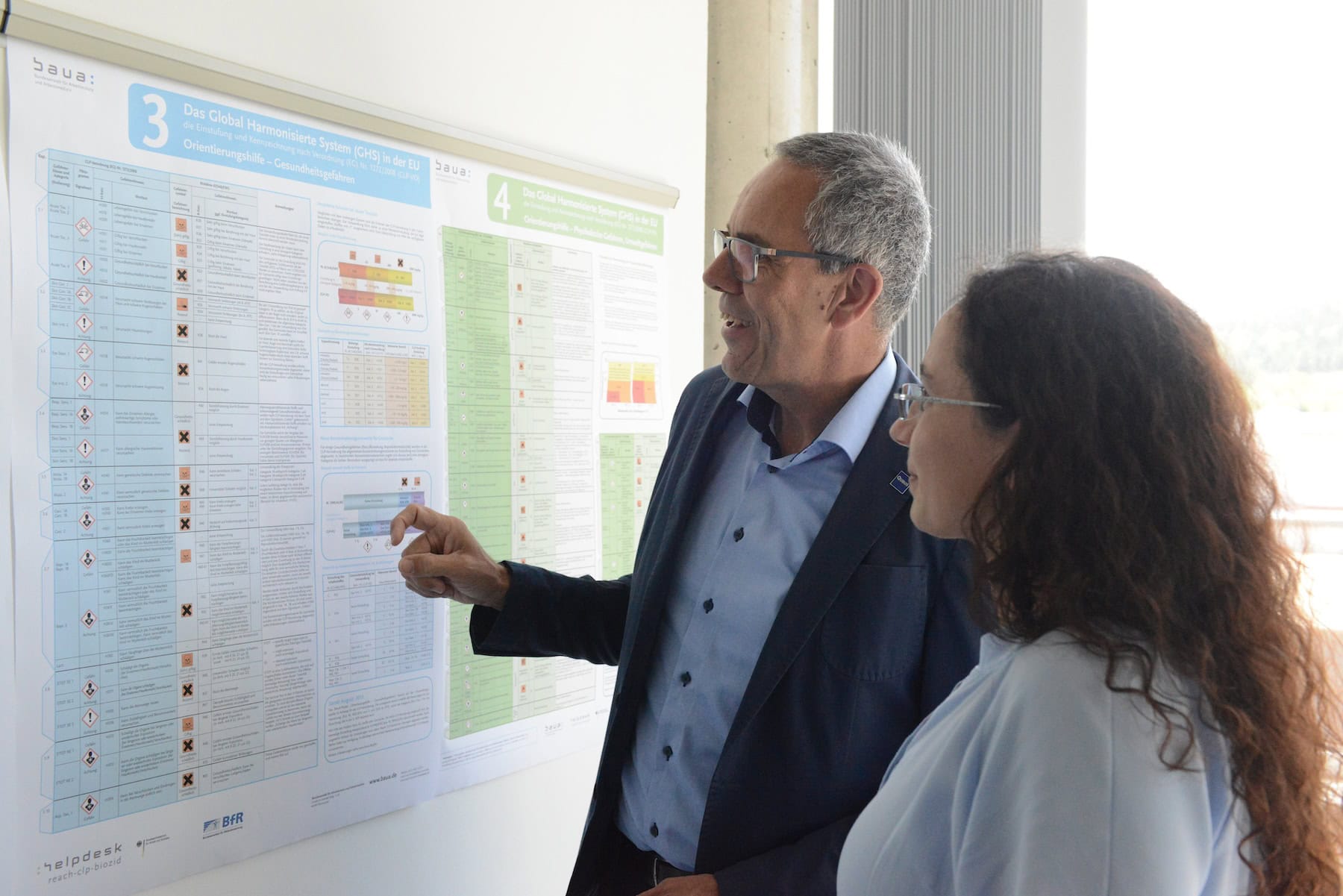 Berater erläutert einen Aushang zur Arbeitssicherheit